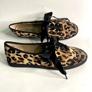 J.RENEE Women’s Leopard Print Ribbon Lace Up  Bling Sparkle Shoe Flats Size 7.5